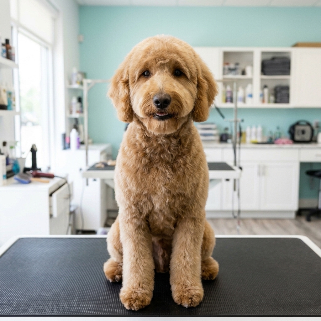 The same goldendoodle after a full groom
