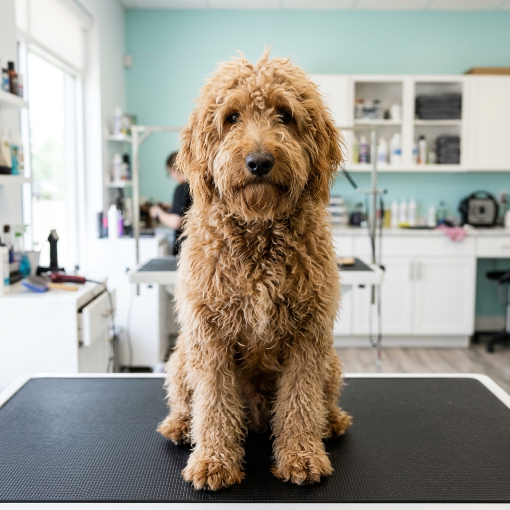A matted goldendoodle before grooming