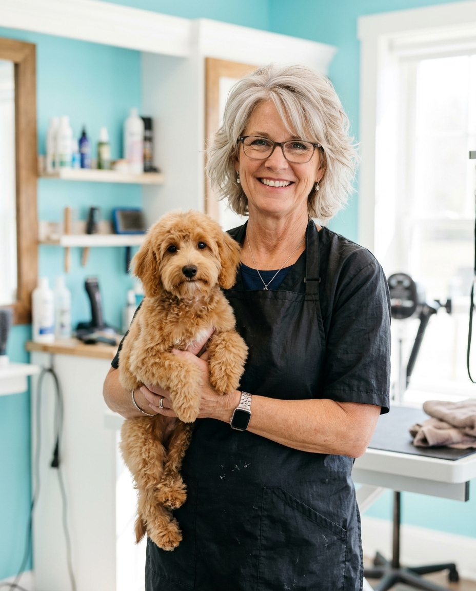 Owner and master stylist holding a goldendoodle