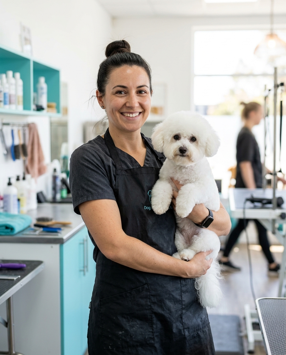 Senior stylist holding a bichon frise