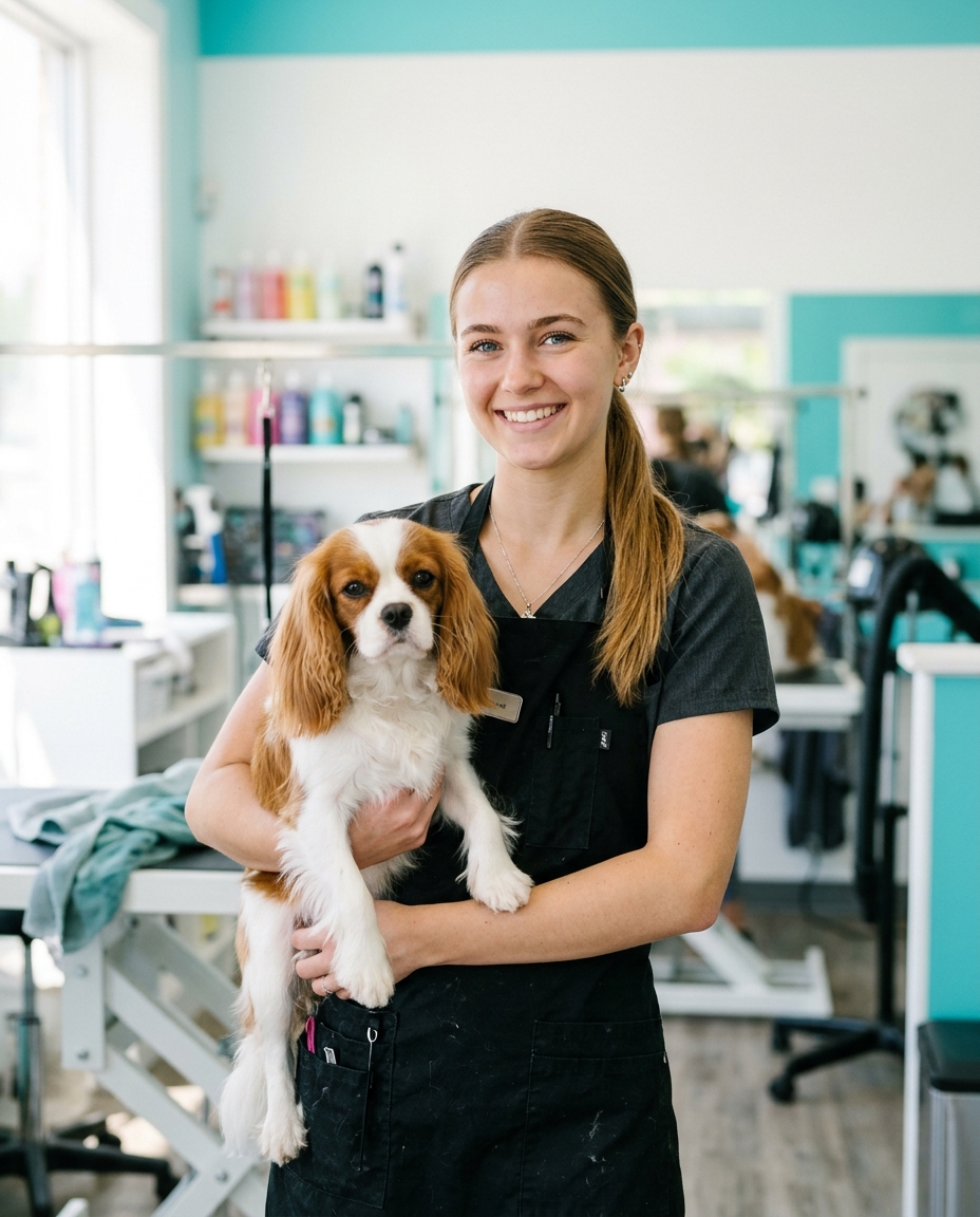 Stylist holding a cavalier spaniel