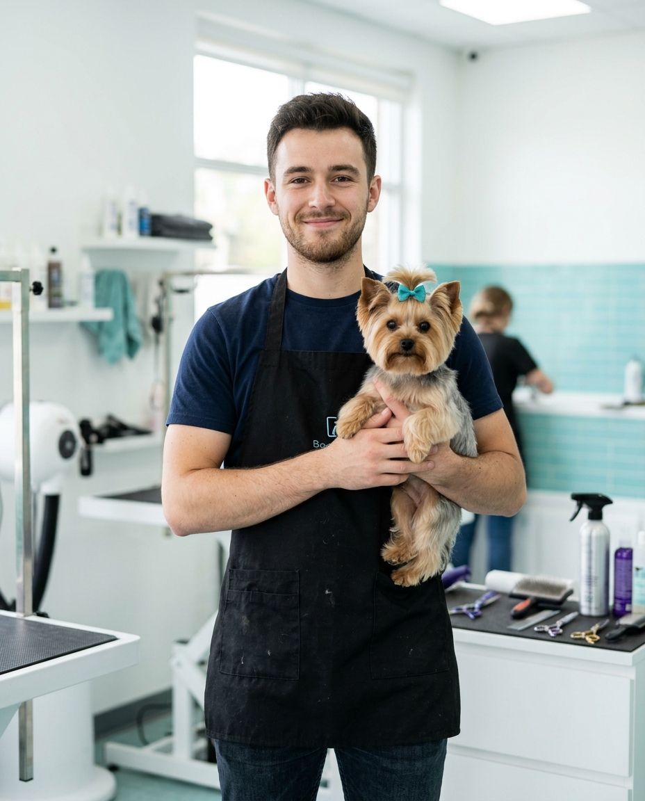 Bather and fluff specialist holding a yorkshire terrier